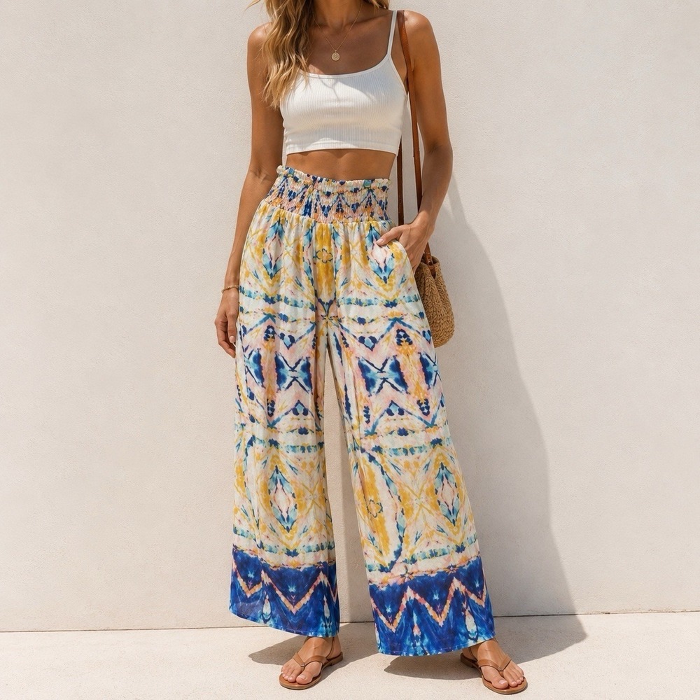 NWT Love Kyla Medium Bright Multicolor Abstract Dye Pants Wide Leg Polysilk